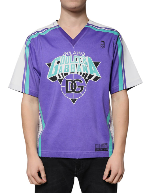 Camiseta de algodón con logo morado y cuello en V