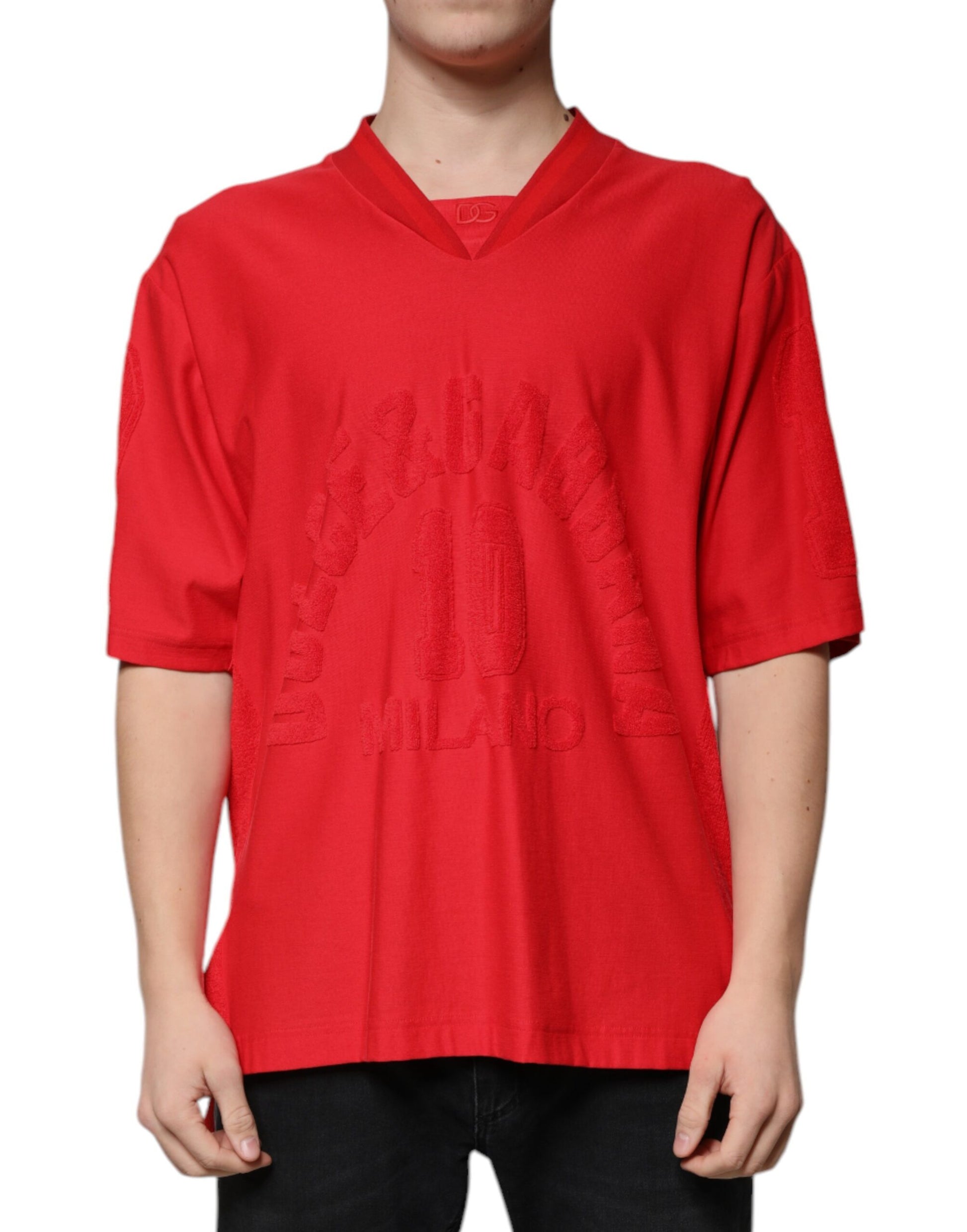 Camiseta roja de algodón con cuello en V y manga corta