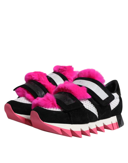 Black Pink Fur Embellished Sneakers Shoes