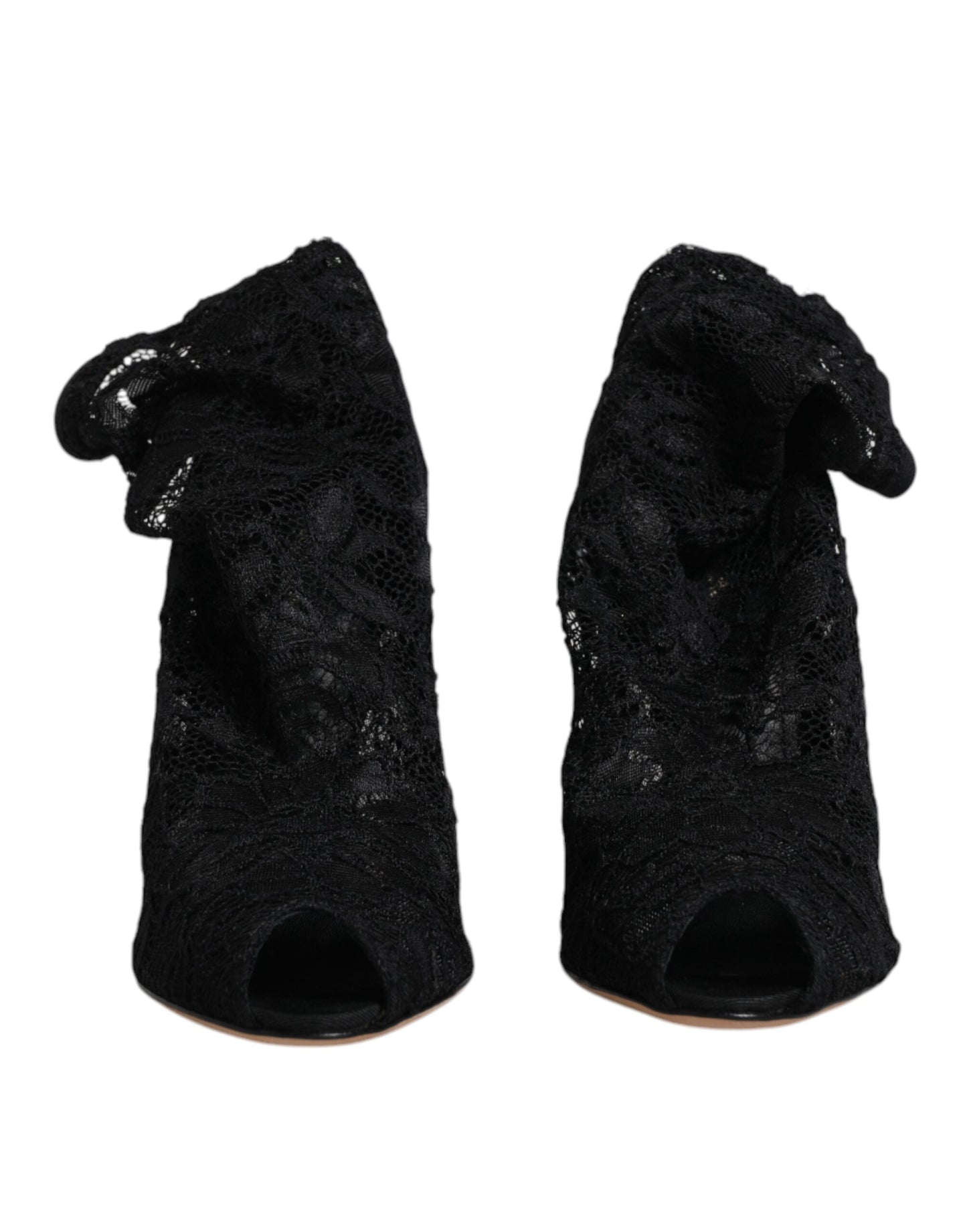 Black Lace Stretch Heels Mid Calf Boots Shoes