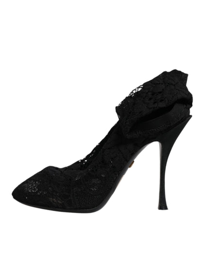 Black Lace Stretch Heels Mid Calf Boots Shoes