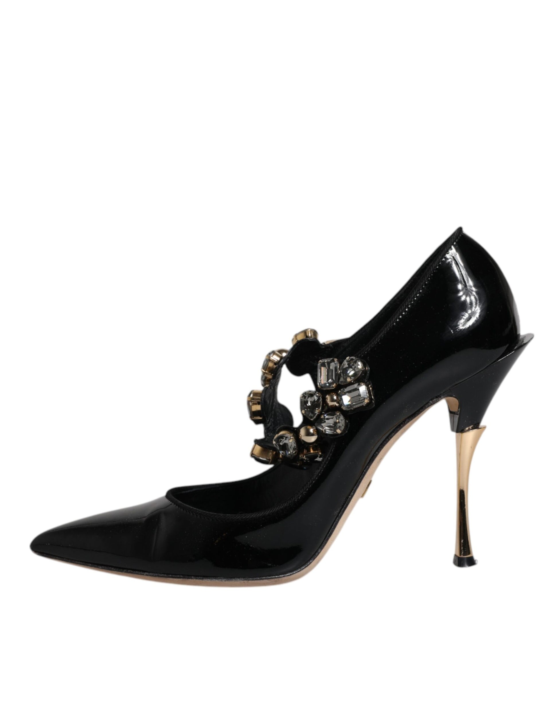 Black Leather Crystal Mary Jane Pumps Shoes