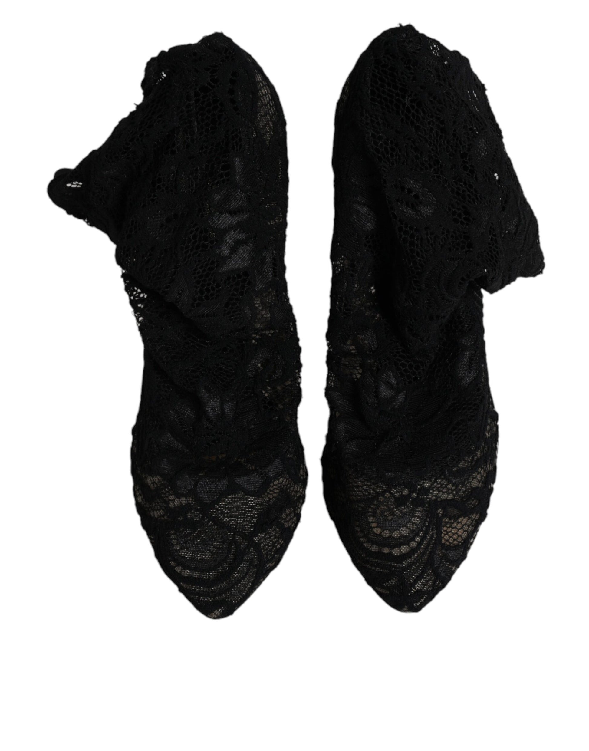 Black Lace Stretch Heels Mid Calf Boots Shoes