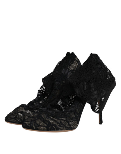 Black Lace Stretch Heels Mid Calf Boots Shoes