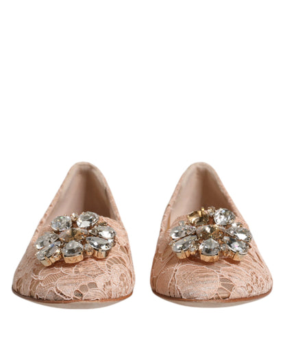 Beige Lace Crystal Ballet Flats Loafers Shoes