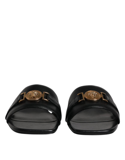 Black Leather Logo Plaque Slip On Slides Flats Shoes