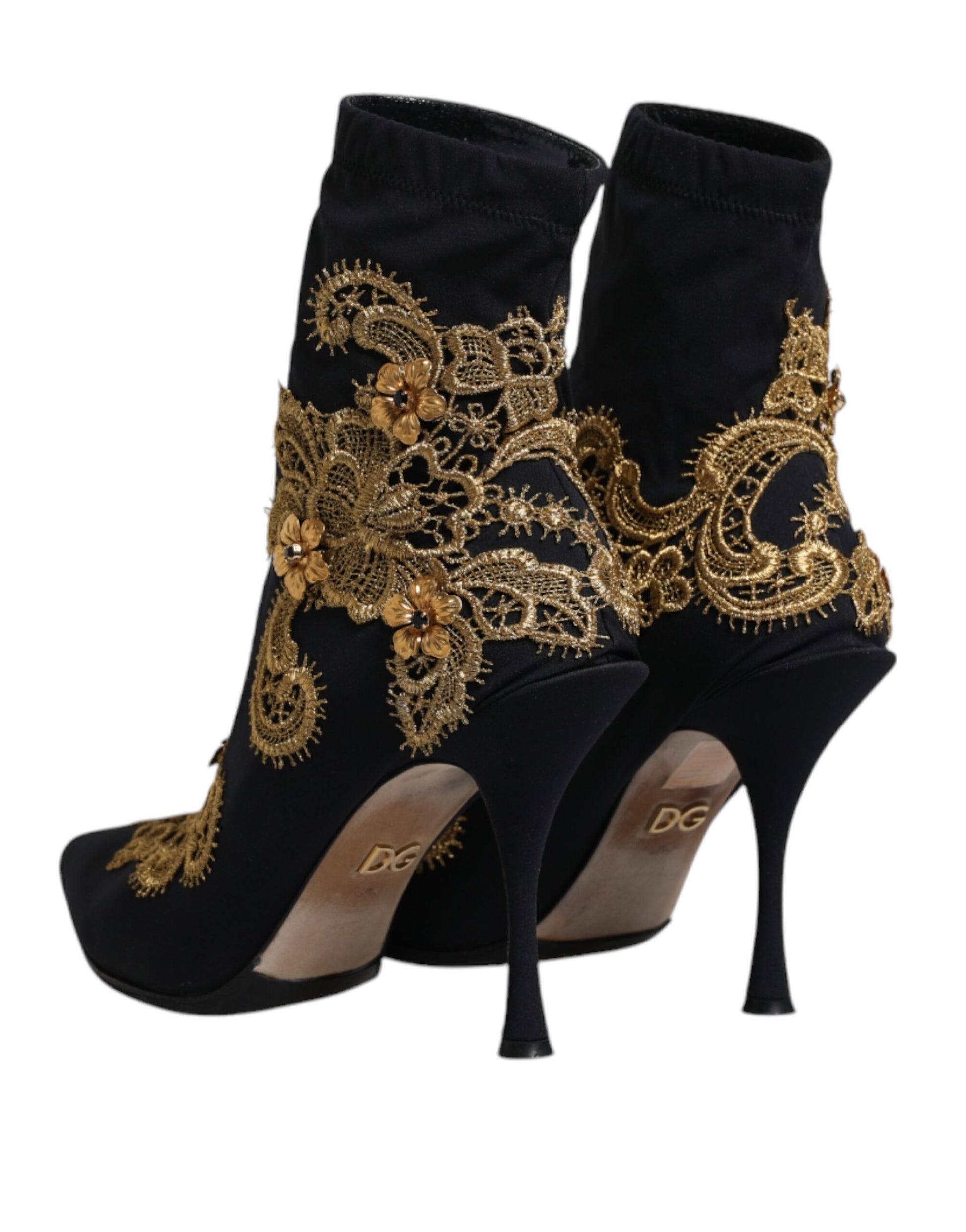 Black Gold Embroidery Slip On Boots Shoes