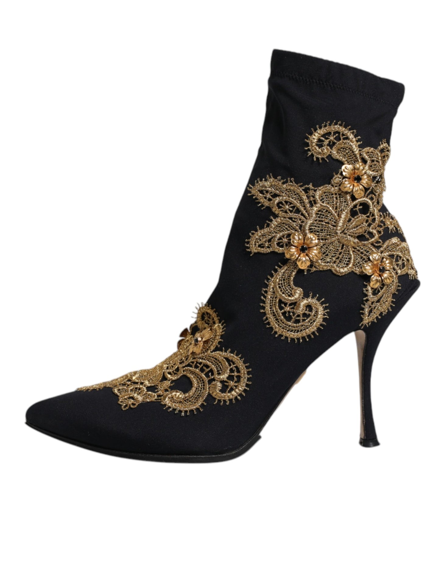 Black Gold Embroidery Slip On Boots Shoes