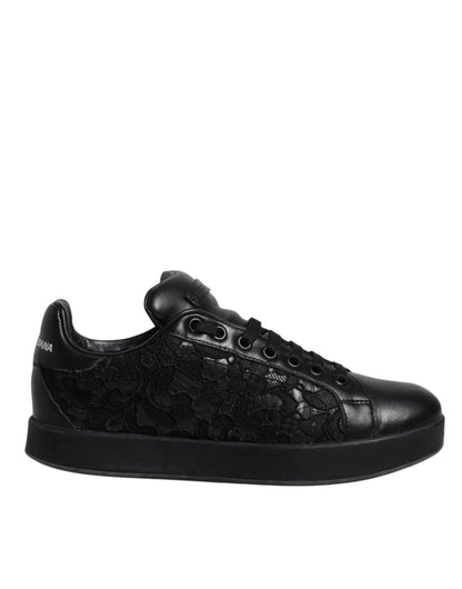 Black Lace Leather Low Top Sneakers Shoes