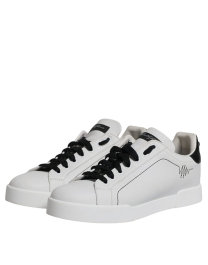 White Black Leather Low Top Sneakers Shoes