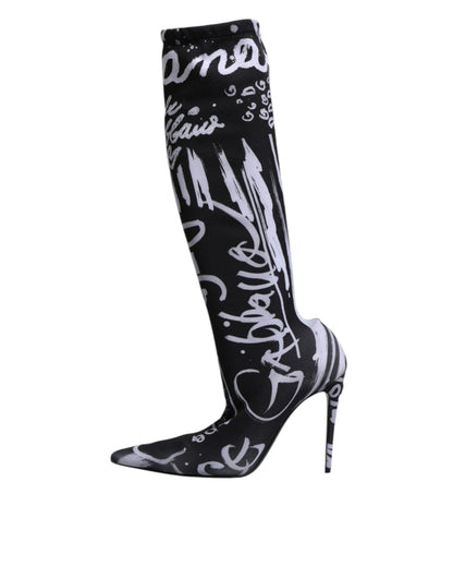 Black Logo Stretch Heels High Boots Shoes