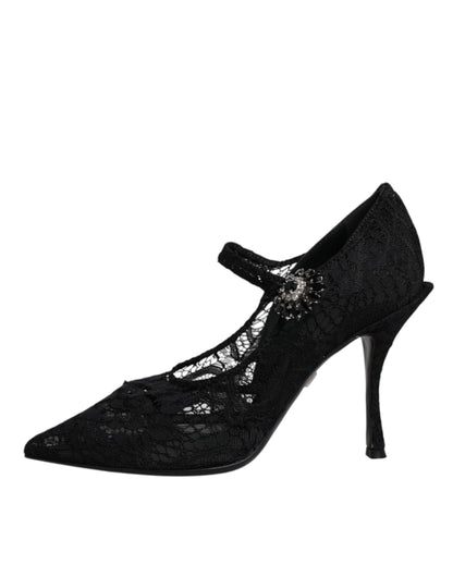 Black Lace Crystals Mary Jane Pumps Shoes