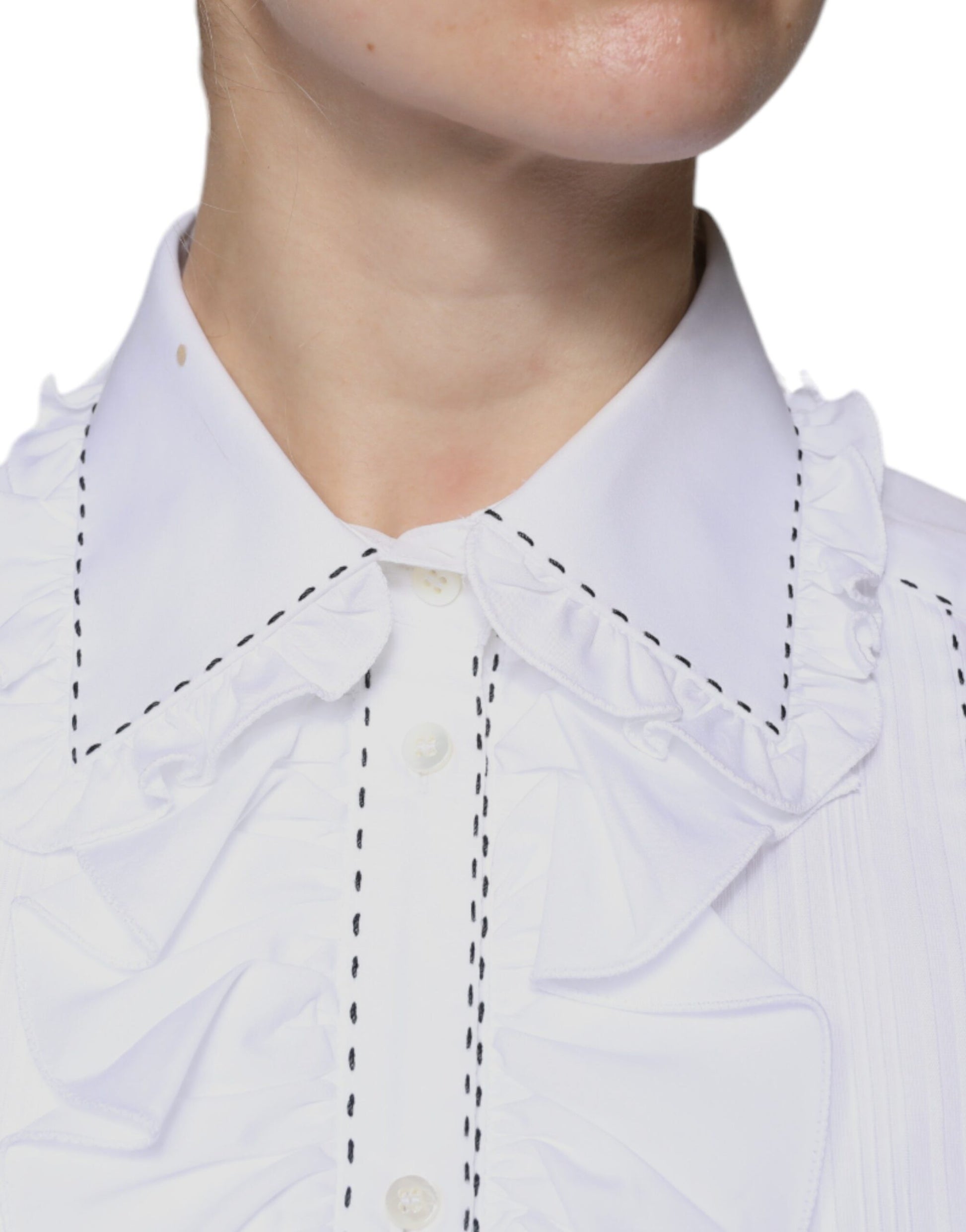 White Cotton Long Sleeves Ruffle Collar Top