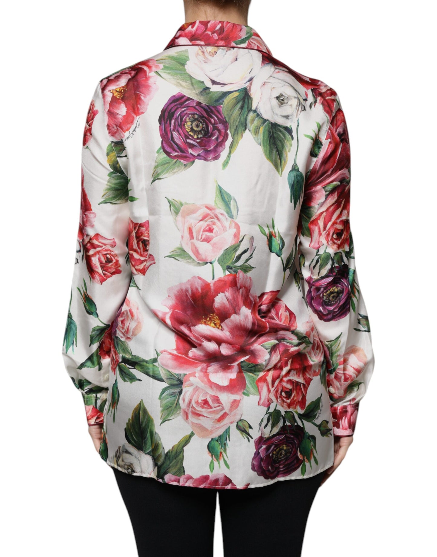 White Peony Silk Long Sleeves Collared Blouse Top