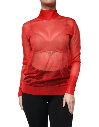 Blusa de manga larga con cuello alto de malla roja