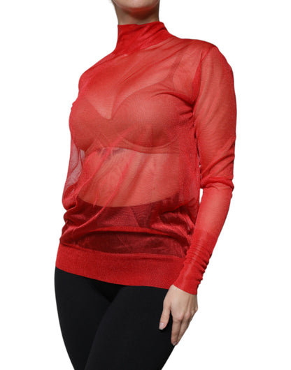 Blusa de manga larga con cuello alto de malla roja