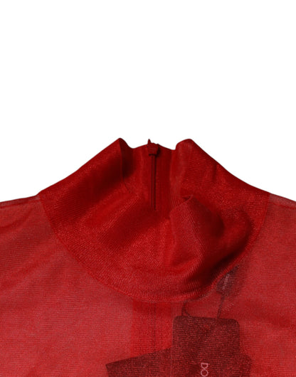 Blusa de manga larga con cuello alto de malla roja