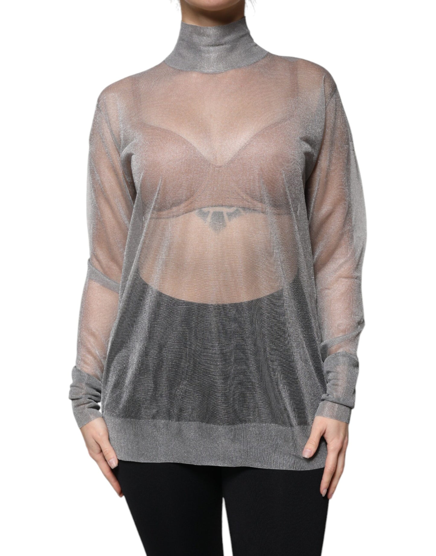 Grey Mesh Turtleneck Long Sleeve Blouse Top