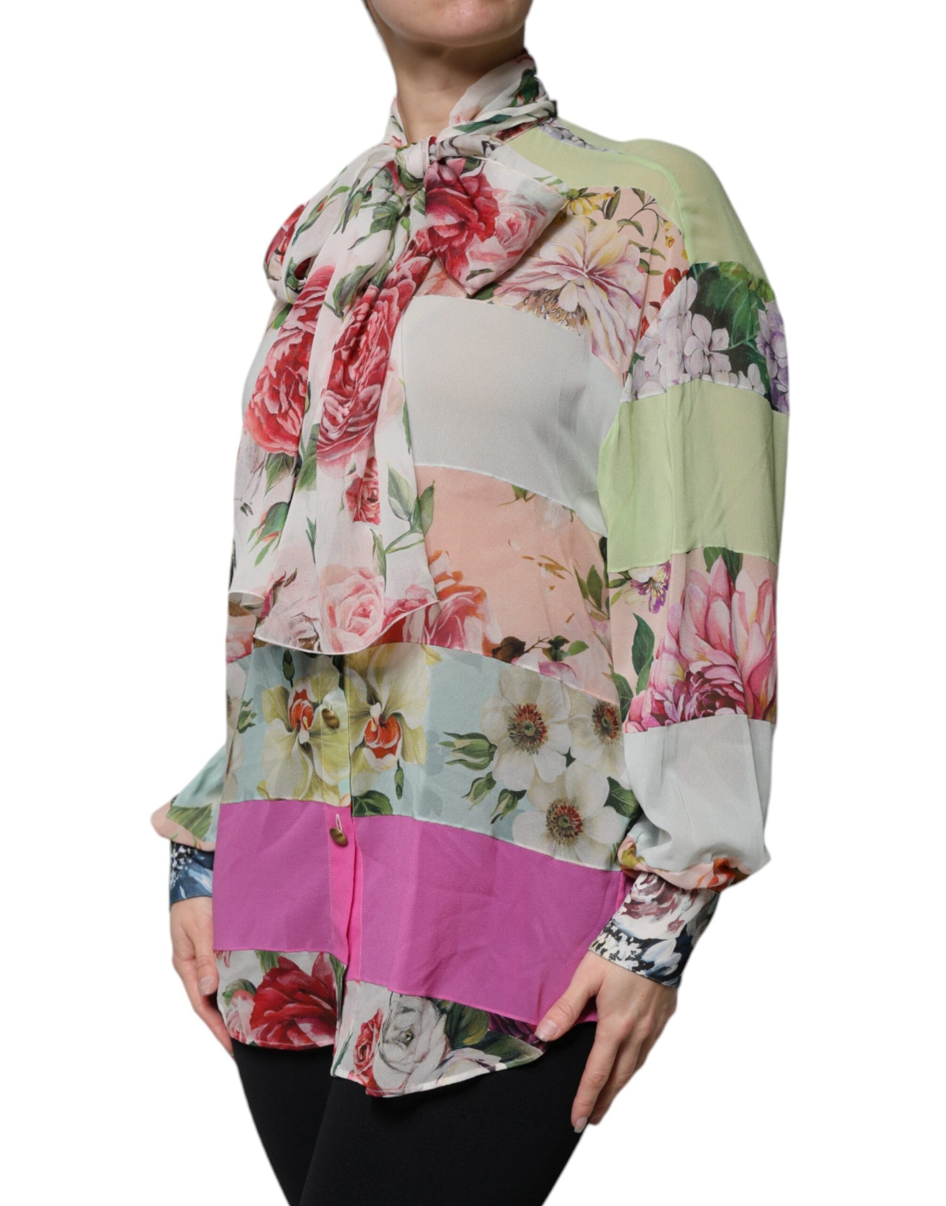 Multicolor Floral Patchwork Ascot Collar Top