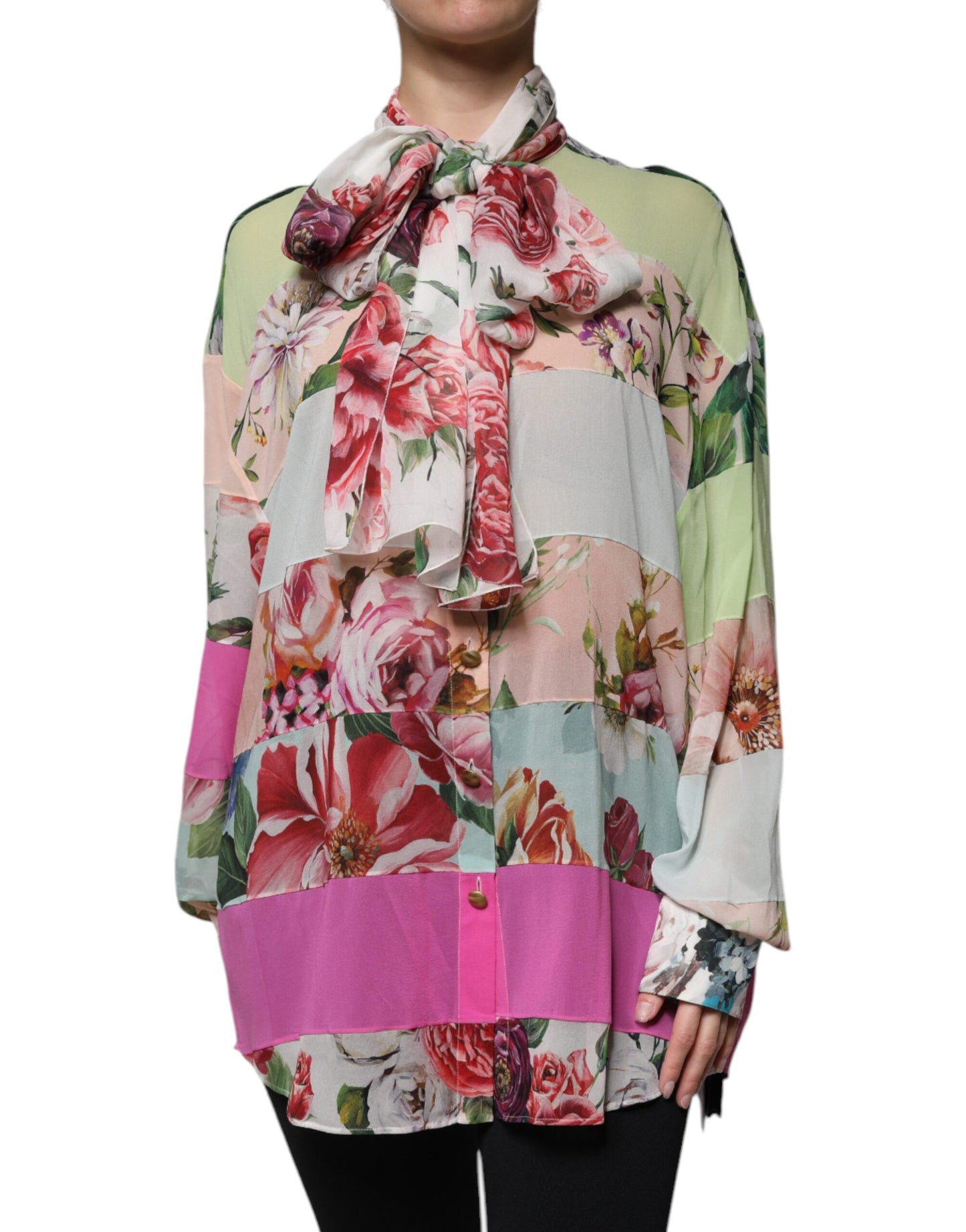 Multicolor Floral Patchwork Ascot Collar Top