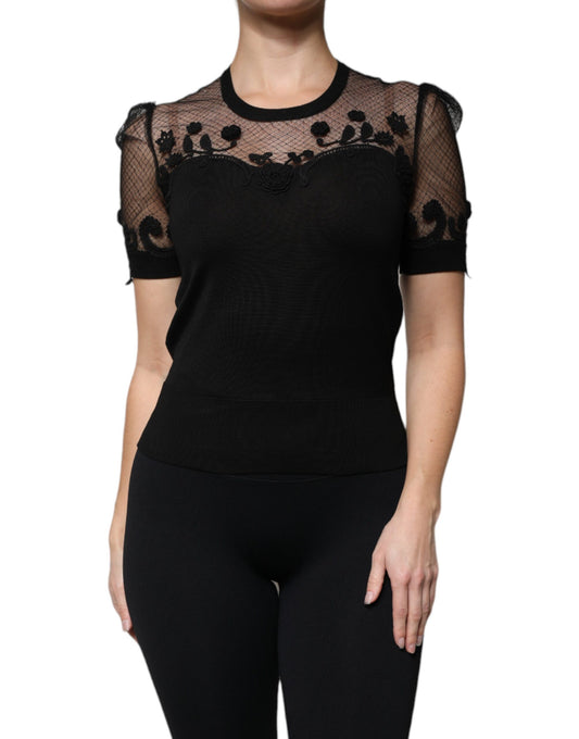 Black Floral Lace Short Sleeves Blouse Top