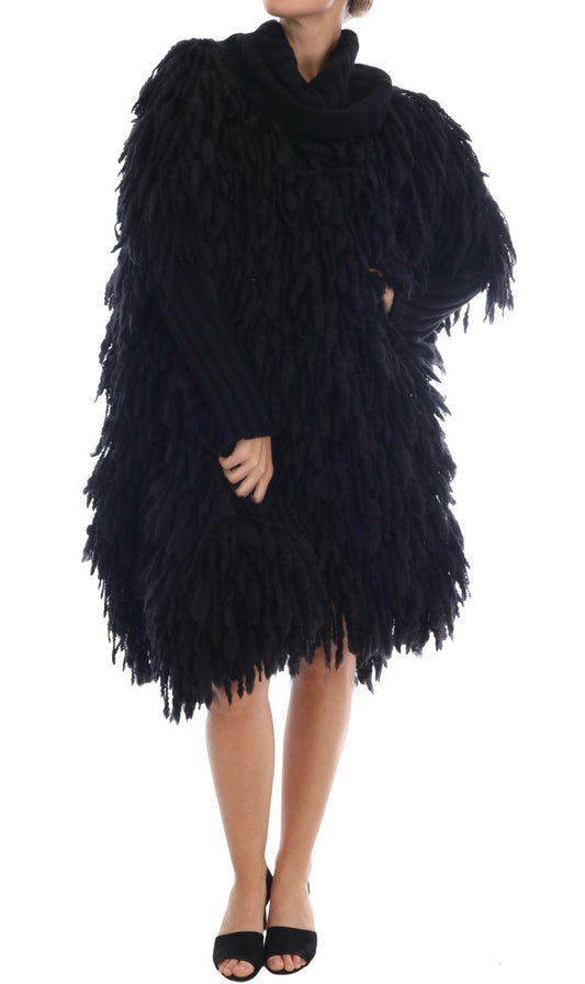 Elegant Black Fringed Wool-Cashmere Sweater