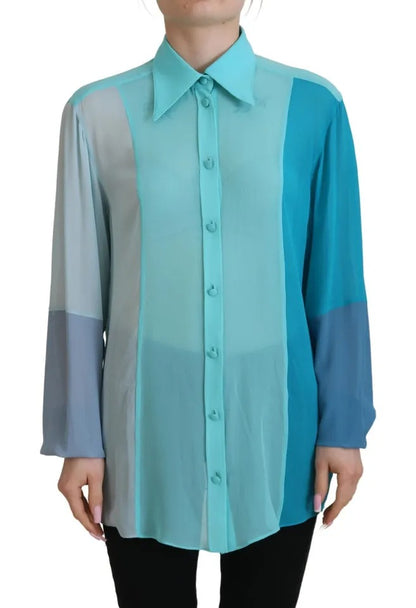 Blusa de seda de manga larga con cuello azul