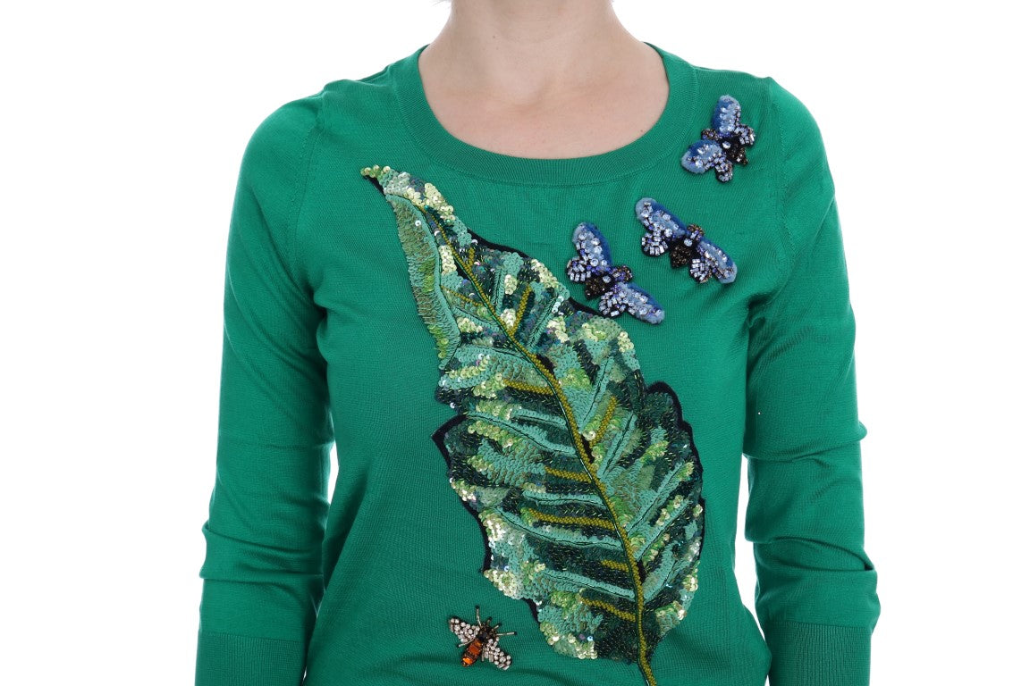 Embellished Green Silk Pullover Sweater