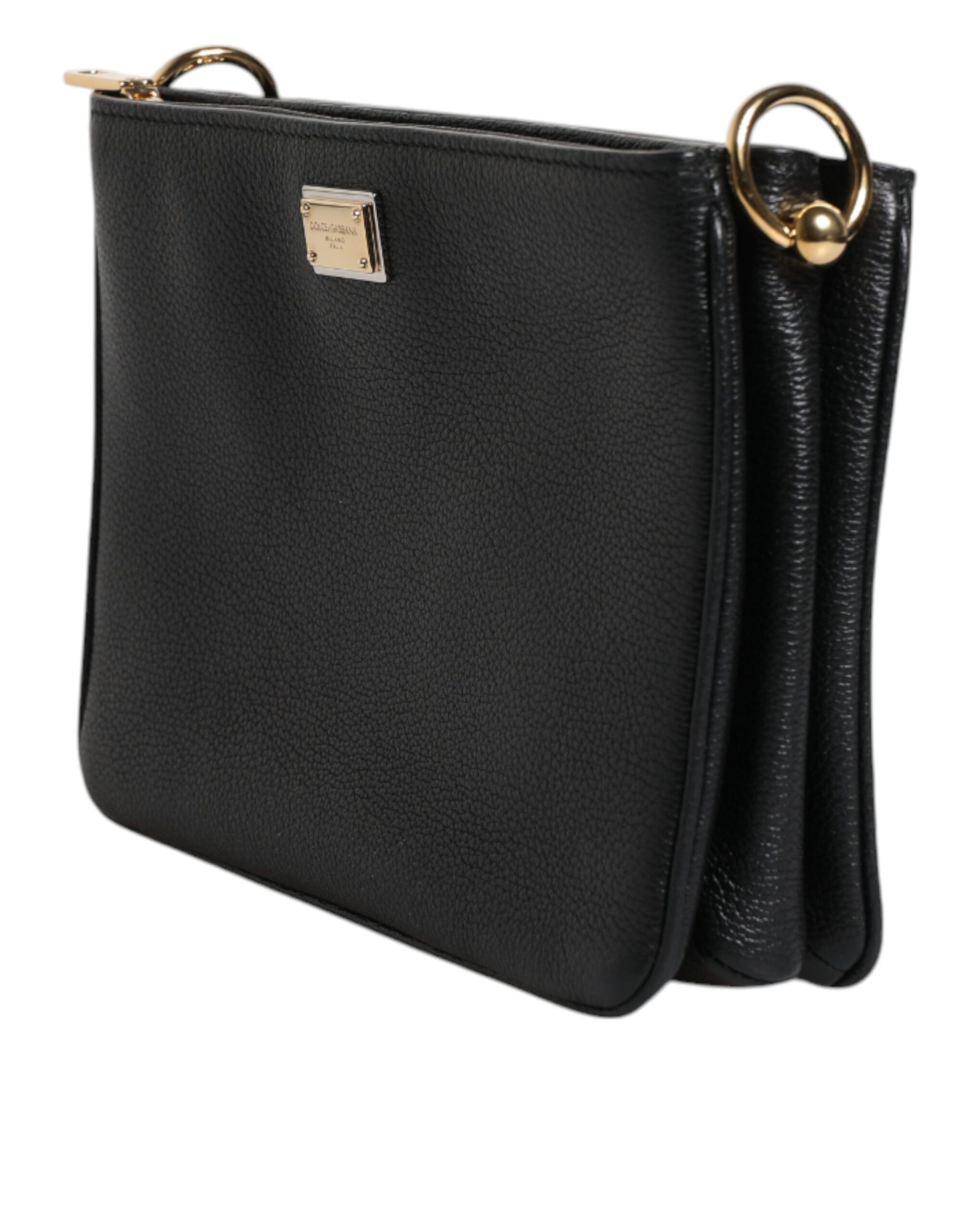 Black Grain Leather Logo Plaque Clutch Bag