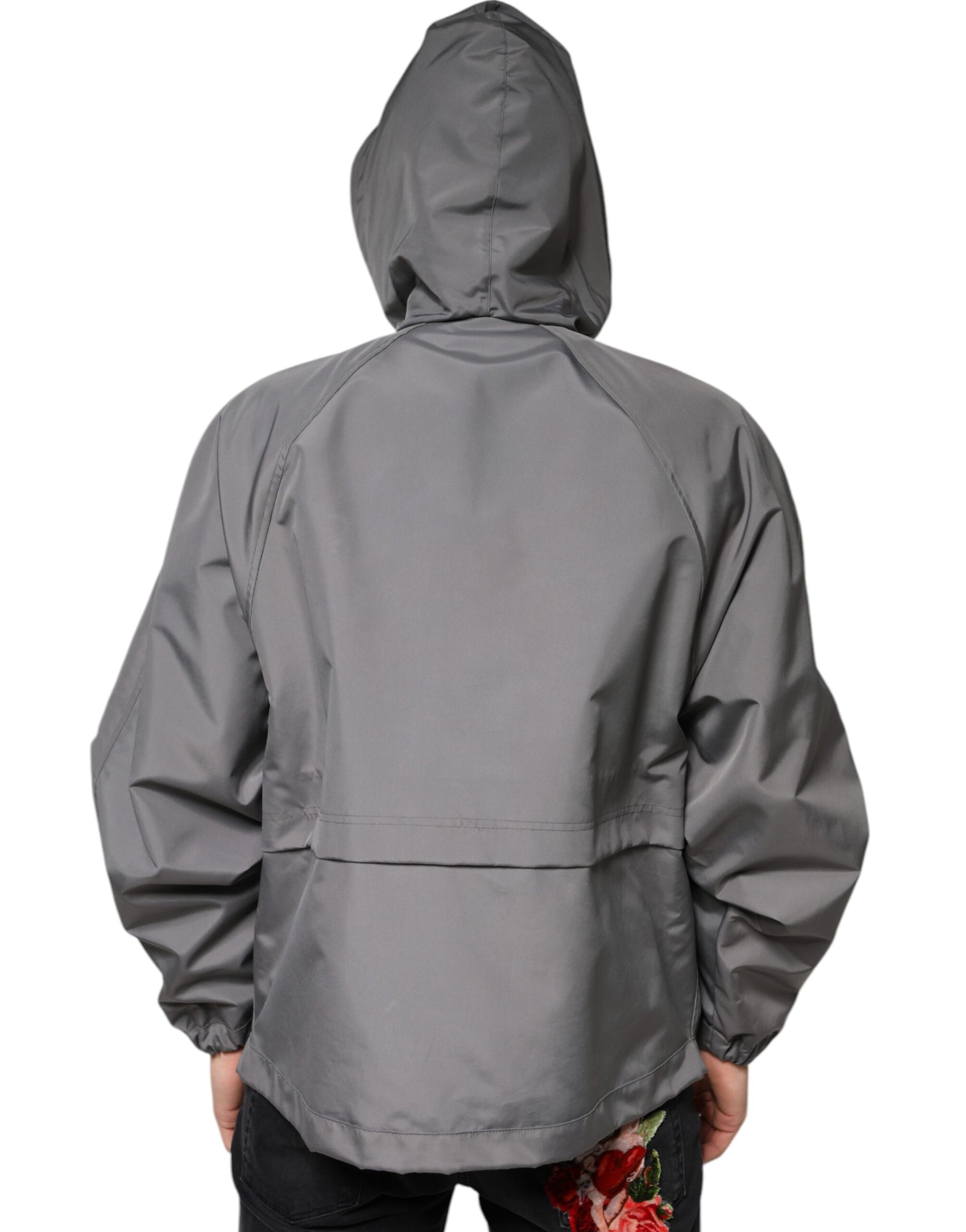 Gray Polyester Hooded Men Full Zip Jacket