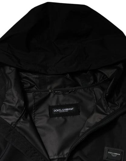 Black Polyester Hooded Men Full Zip Jacket