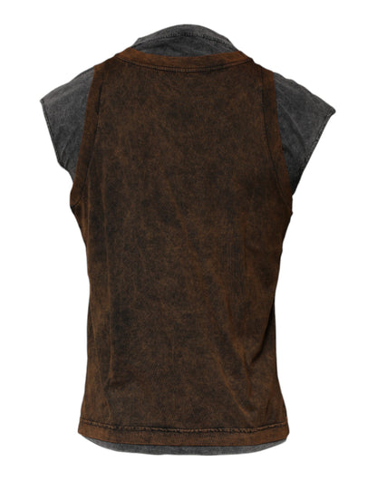 Brown Cotton Round Neck Sleeveless T-shirt