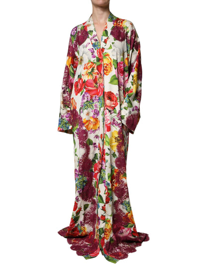 Multicolor Floral Lace Silk Abaya Long Sleeves Dress