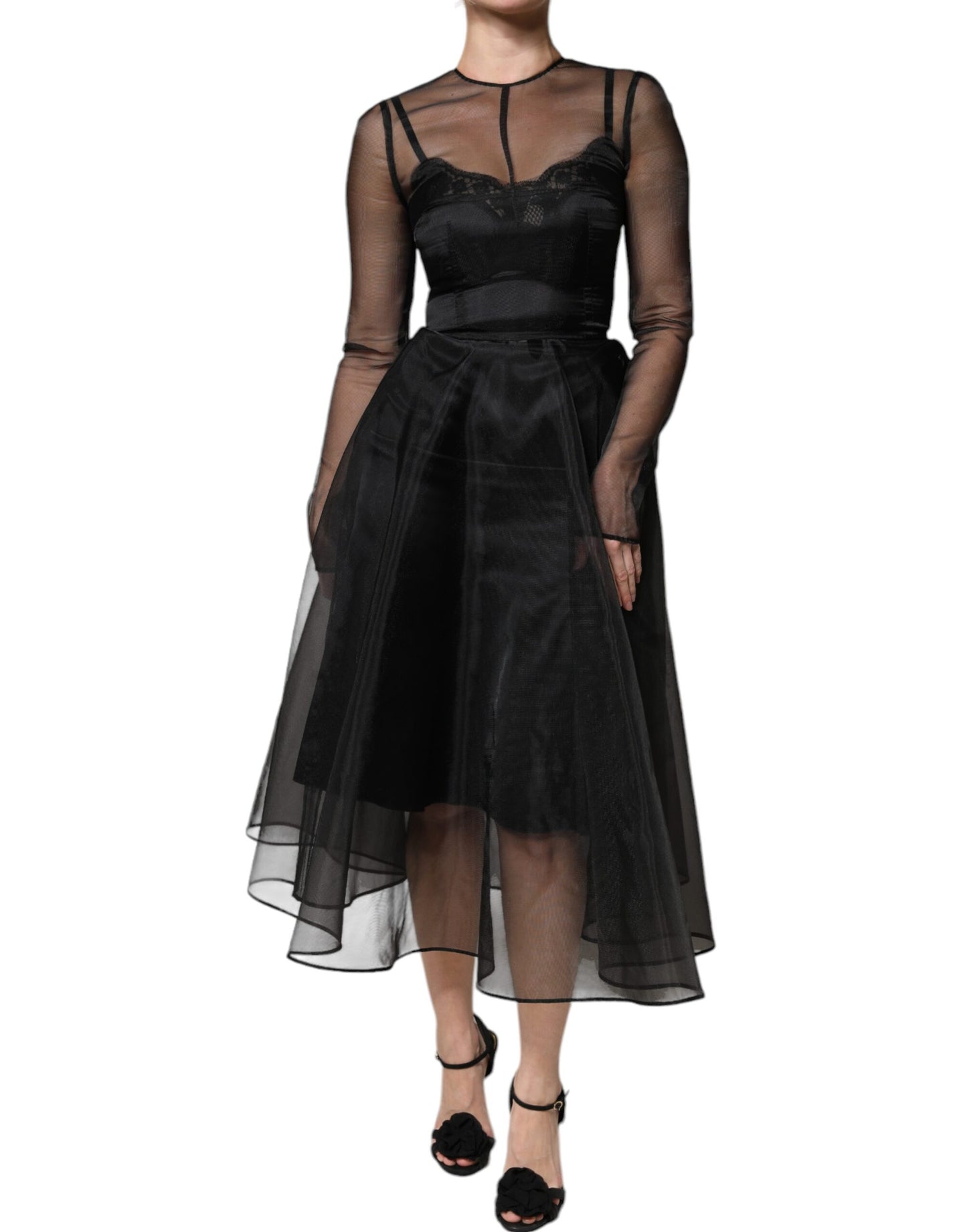 Black Tulle A-line Midi Cocktail Gown Dress