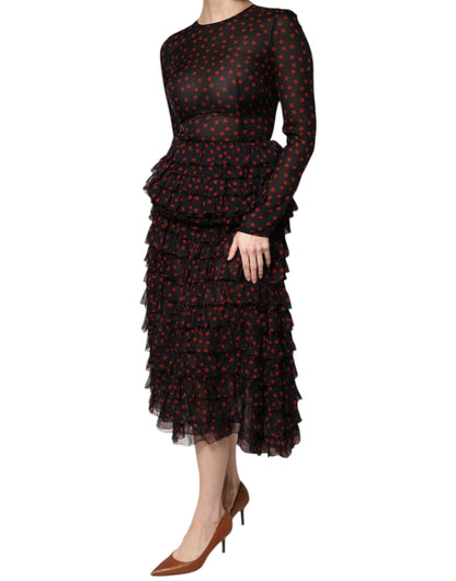 Black Red Polka Dot Silk Layered Midi Dress