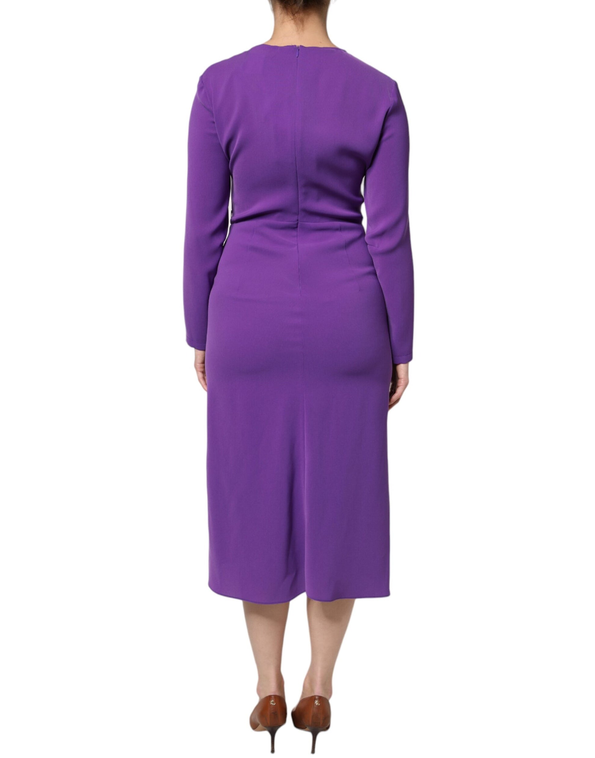 Purple Long Sleeves V-neck Sheath Midi Dress