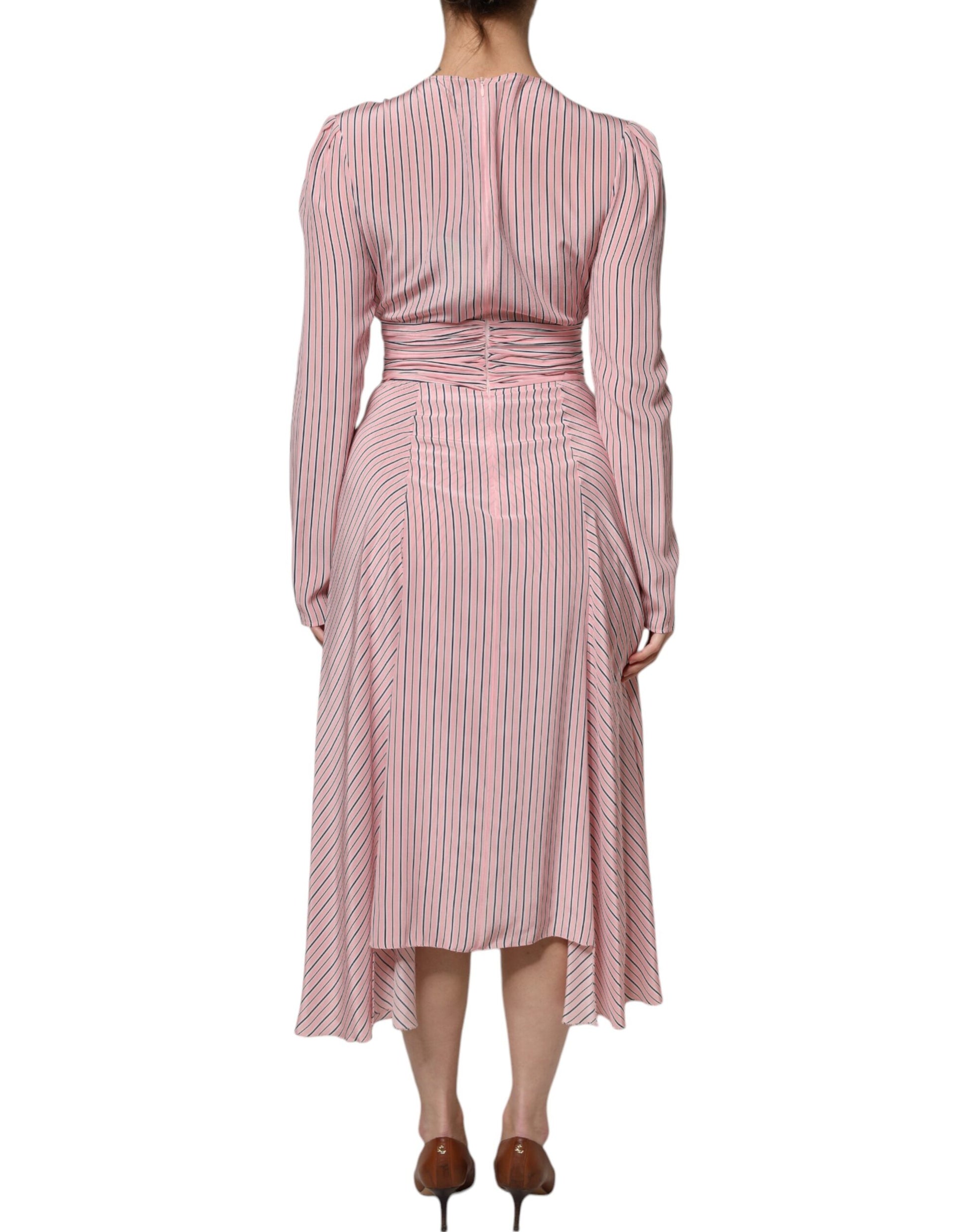 Pink Stripes Silk Long Sleeves Midi Dress