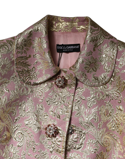 Metallic Pink Gold Jacquard Jewel Button Coat Jacket