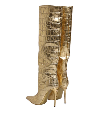 Gold Leather Stiletto Heels High Boots Shoes