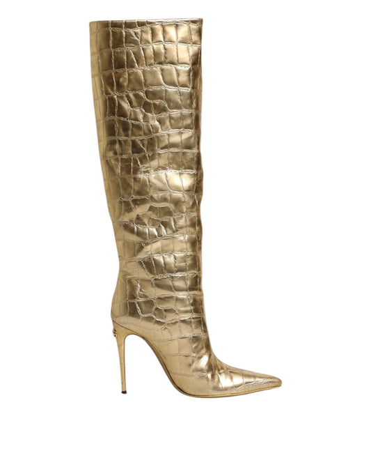 Oro Cuero Stiletto Tacones Altos Botas Zapatos