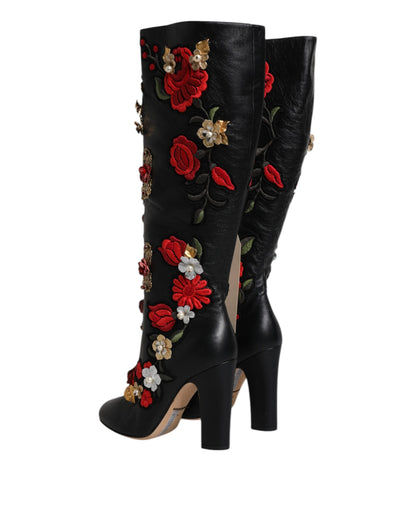 Black Roses Embellished Leather Heel Boots Shoes