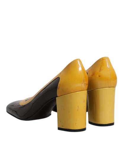 Yellow Brown Leather Block Heel Pumps Shoes