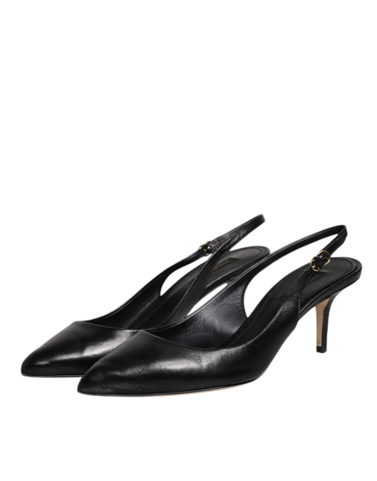 Black Leather High Heels Slingbacks Shoes