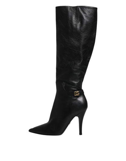 Black Leather Heels Knee High Boots Shoes