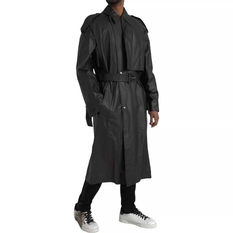 Negro de cuero de los hombres impermeable Trenchcoat Chaqueta