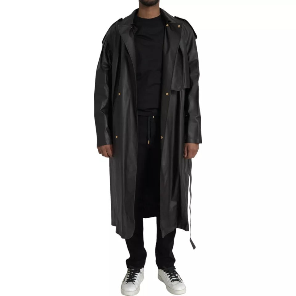 Negro de cuero de los hombres impermeable Trenchcoat Chaqueta