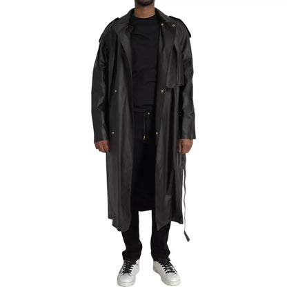 Negro de cuero de los hombres impermeable Trenchcoat Chaqueta