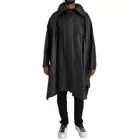 Negro de cuero con capucha Hombres Trenchcoat Chaqueta