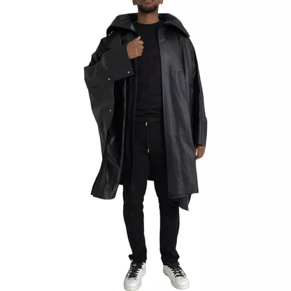 Black Leather Hooded Men Trenchcoat Jacket