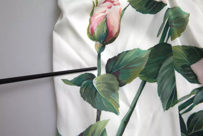 White Roses Print Stretch Silk Pleated Dress